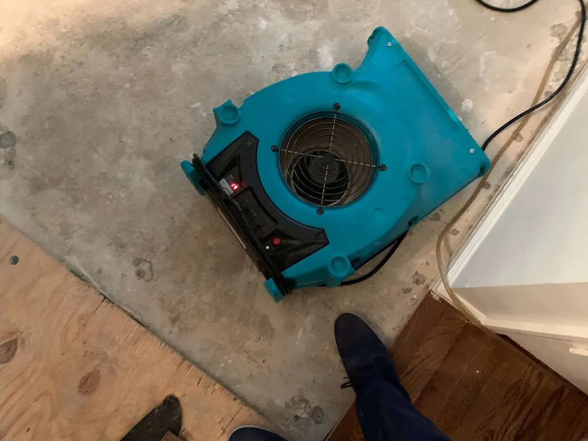 Air mover drying subfloor during Leak Detection & Repair in Rochester